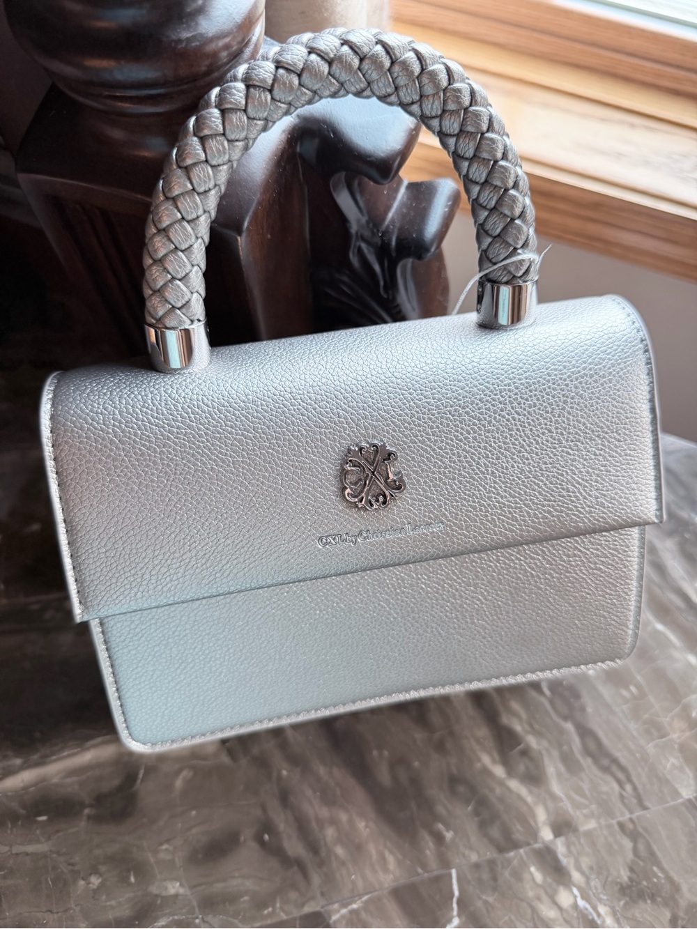 Braided-Handle Metallic Silver Top-Handle Crossbody Bag